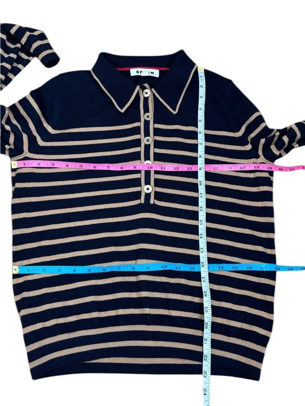Boden Liz Henley Jumper Navy Camel Stripe Gold Button Knit Sweater Size M